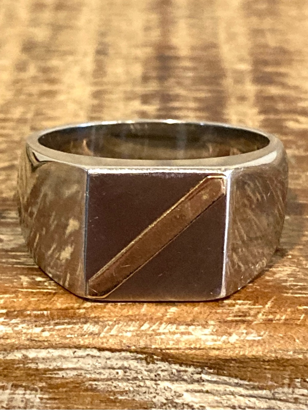Mens Steel & 14K Gold Diagonal Stripe Signet Style Ring Size 10.25 China